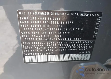 2022 Volkswagen Taos 1.5T Se from USA, damaged, VIN 3VVPX7B26NM044477